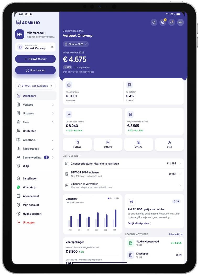 Het dashboard van Admillio op een iPad